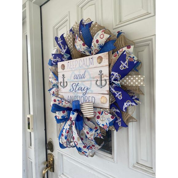 Nautical Wreath, “Keep Calm & Stay Anchored” Coastal Beach House Decor, Handmade - Picture 3 of 8
